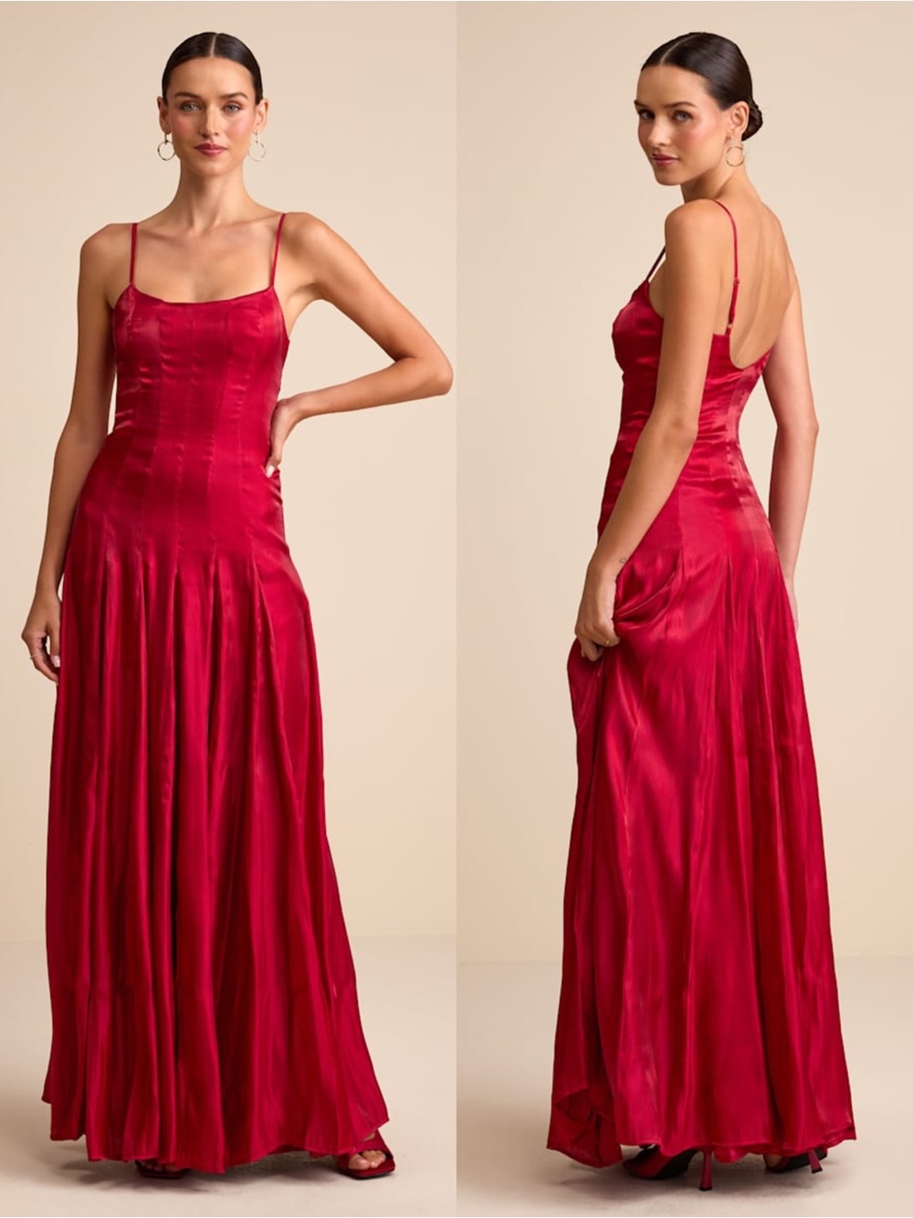 LULUS Pleated Satin Organza Drop Waist Cherry Red Y2K Wedding Guest Dress M